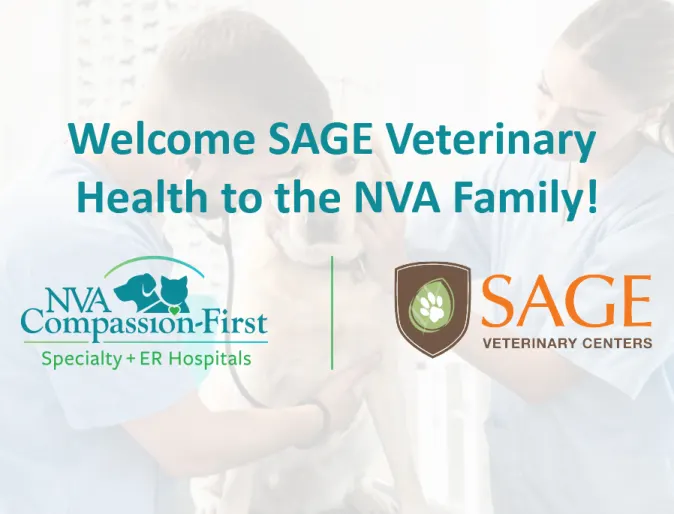 SAGE Veterinary Centers Logo and NVA Compassion-First Logo with text Welcome Sage Veterinary Centers to the NVA Family.